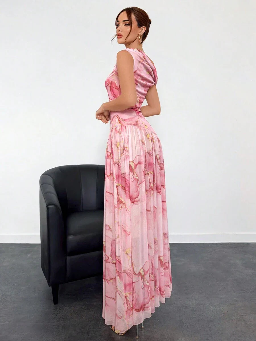 Viviana™ | Asymmetrical Floral Net Maxi Dress