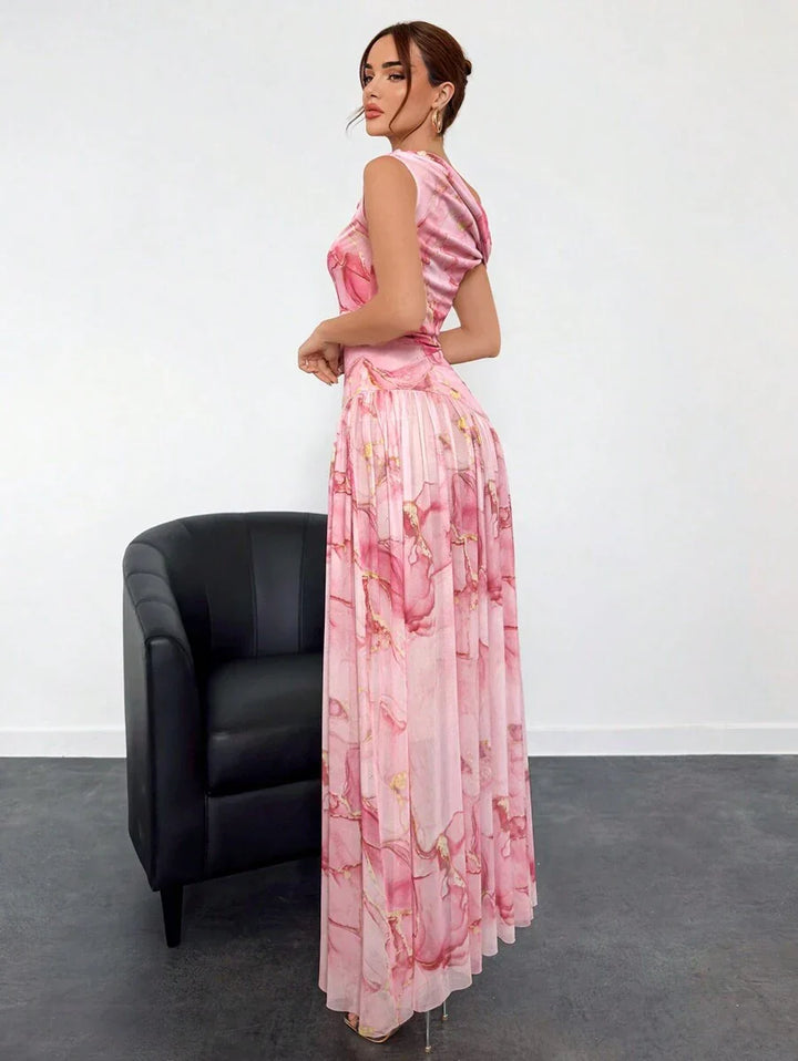 Viviana™ | Asymmetrical Floral Net Maxi Dress
