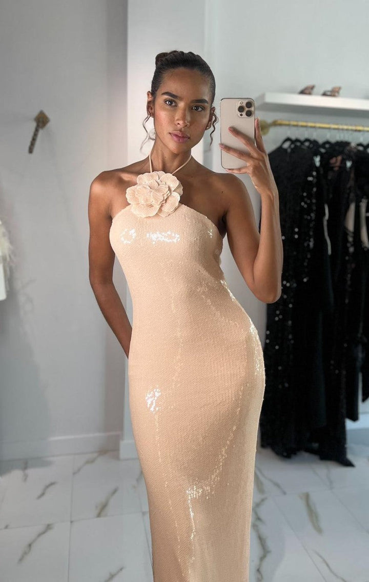 Sophina™ | Halter Sequin Flower Maxi Dress