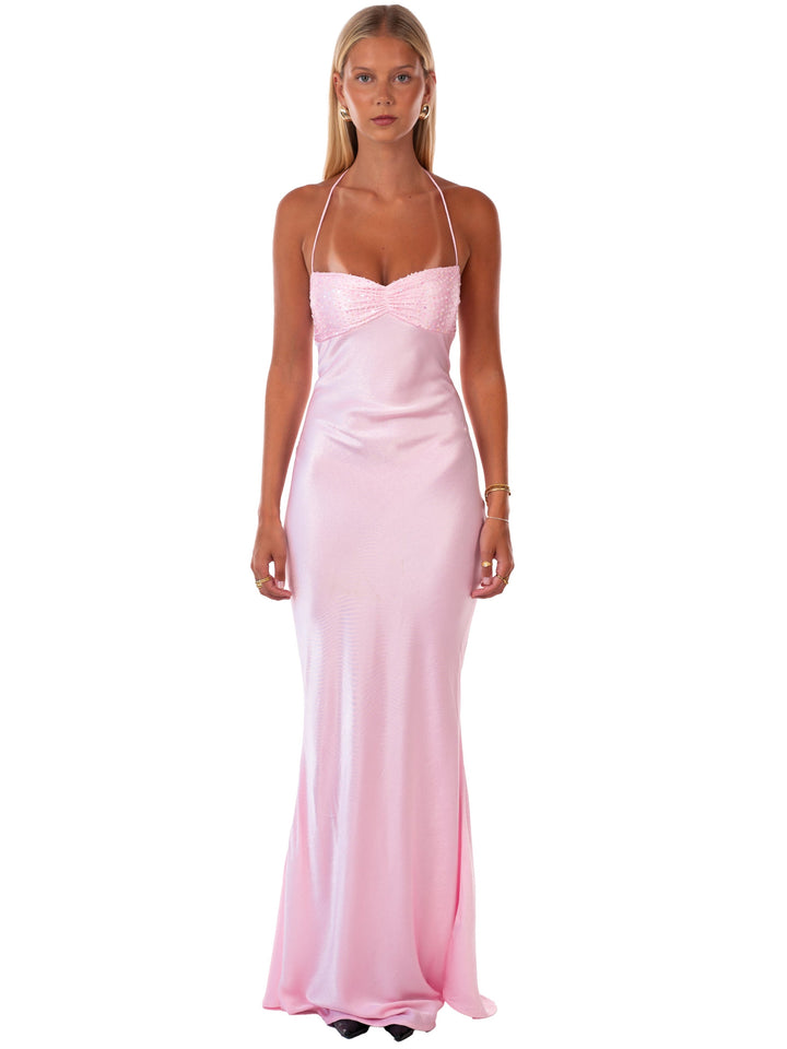 Aurora™ | Quartz Satin Halter Maxi Dress