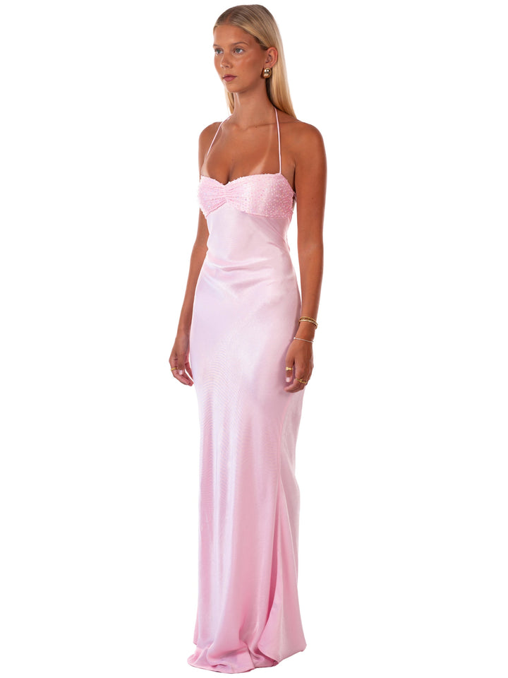 Aurora™ | Quartz Satin Halter Maxi Dress
