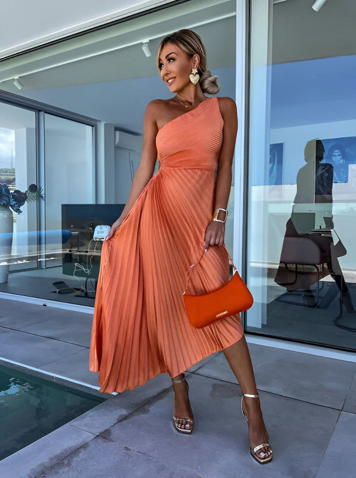 Celeste™ | One-Shoulder Maxi Dress with Pleats